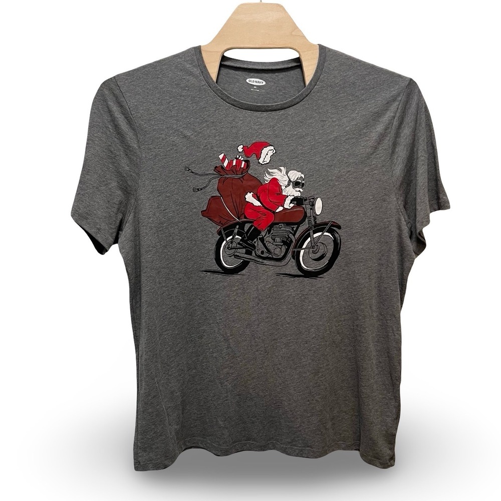 Old Navy Mens XXL Heather Grey Santa Claus Motorcycle Graphic T-Shirt V/300135